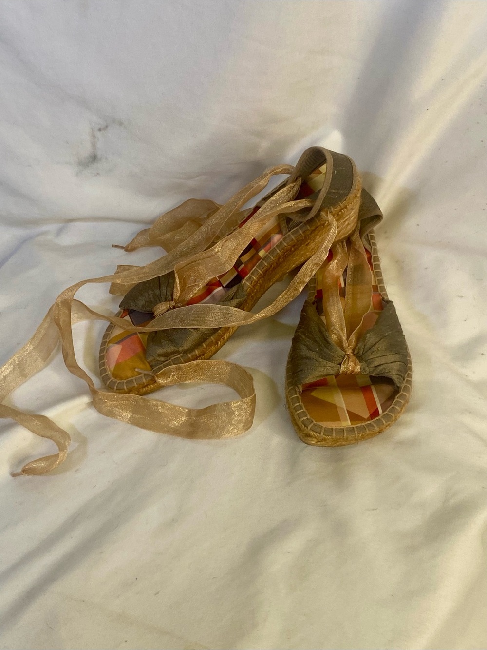 Local European Olive Espadrille Sandals with Sheer Gold Wrap Ribbons
